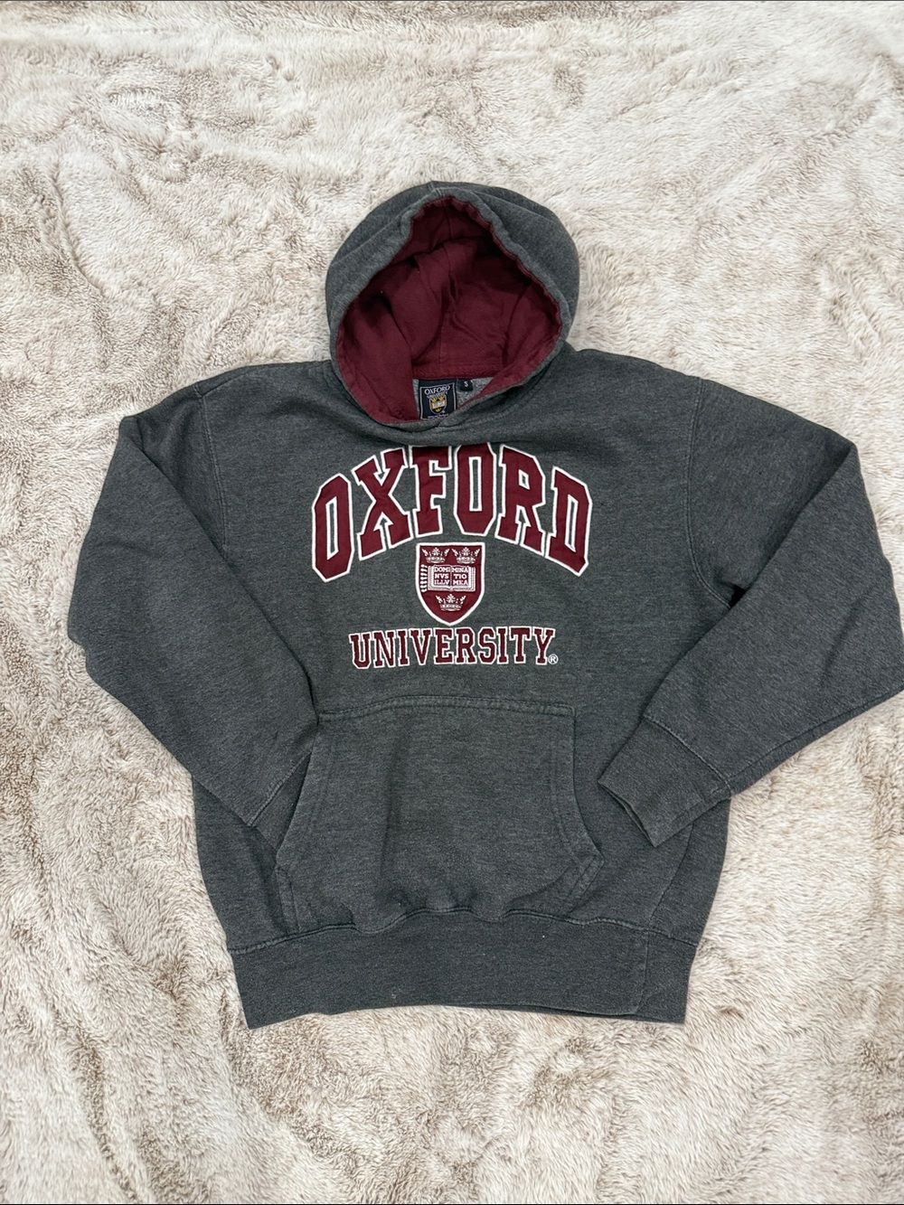 Oxford University Charcoal Gray Pullover Hoodie with Maroon Lining